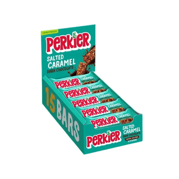 Box of Perkier Salted Caramel Dark Chocolate bars on a white background