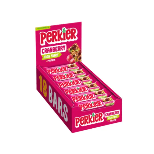 Box of Perkier Cranberry energy bars with pink packaging on a white background