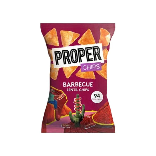 Packaging of Proper Barbecue Lentil Chips with a colorful design on a white background