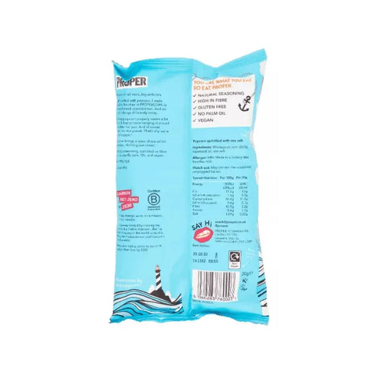 Propercorn Sea Salter Popcorn rear of pack with text and graphics on a white background