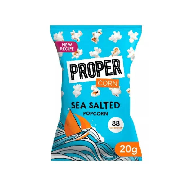Propercorn Sea Salted Popcorn Packaging blue background and wave design.