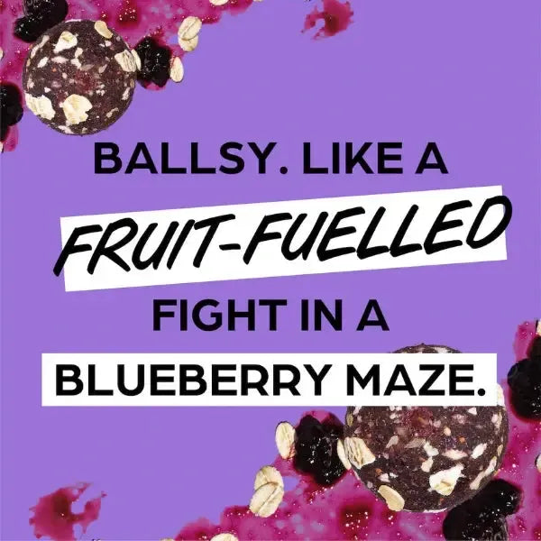 Text on a purple background with blueberries and chocolate balls