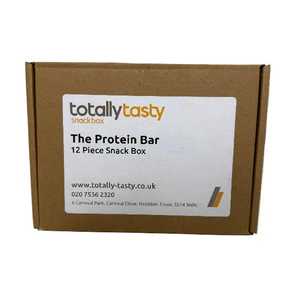 Cardboard box with 'totally tasty' Protein Bar snack box label on a white surface