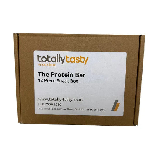 Cardboard box with 'totally tasty' Protein Bar snack box label on a white surface