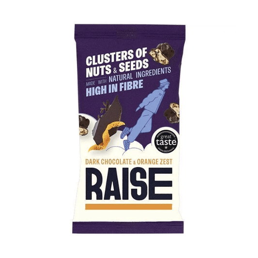 Packaging of RAISE dark chocolate and orange zest clusters with a purple border.