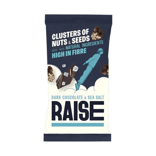 Packaging of RAISE dark chocolate and sea salt clusters with text on a white background