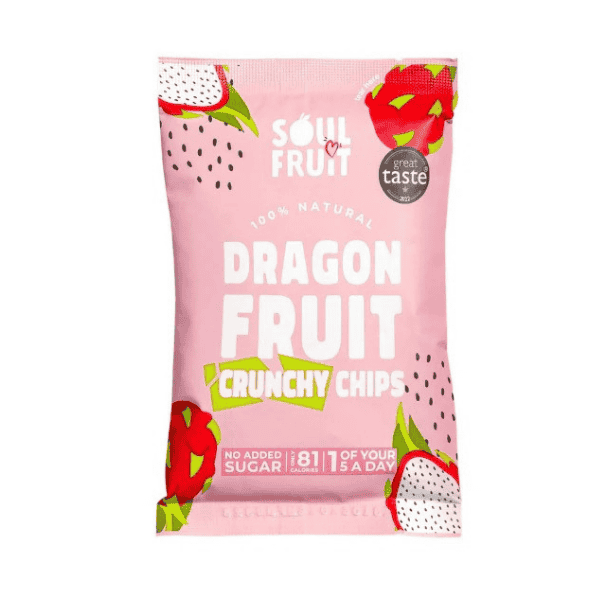 Soul Fruit Dragon fruit crunchy chips drief fruit snack pack with branding and nutritional information.