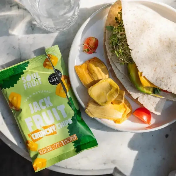 image of soul fruit jack fruit crunchy chips pack with a tortilla wrap on a plate