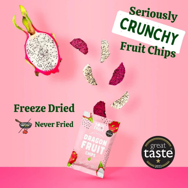 Dragon fruit chips packaging with 'Seriously Crunchy' text on a pink background
