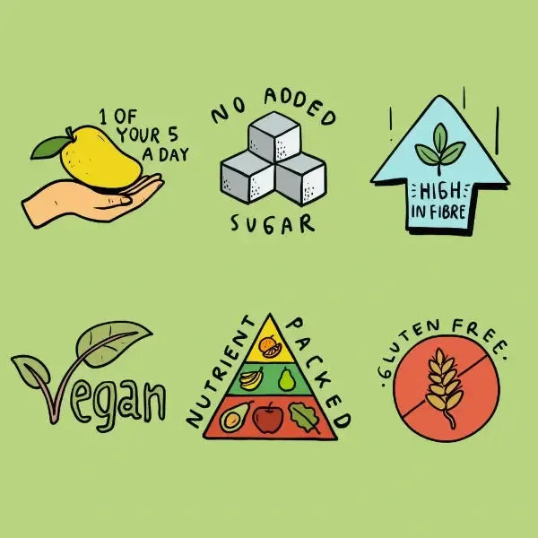 Graphic of dietary information for Soul Fruit dried fruit snack - Crunchy Jack Fruit chips. Text saying no added sugar, high in fibre, vegan, nutrient packed and gluten free. Green background