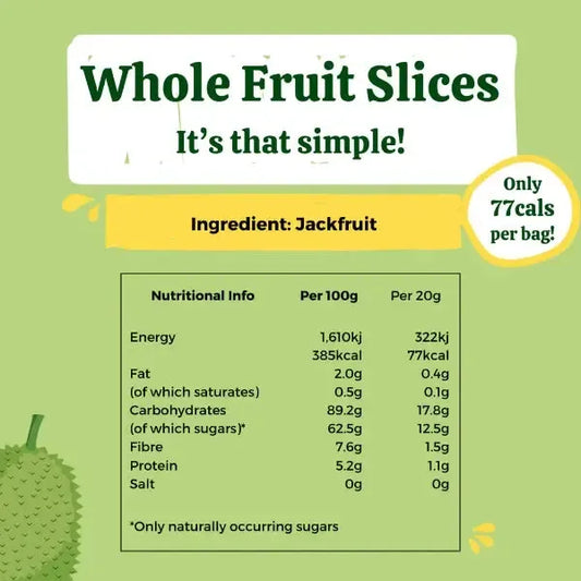 Soul fruit Jack Fruit Crunchy chips nutritional information on green background