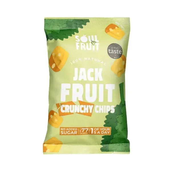 Soul Fruit Crunchy Jack fruit chips packet with text 1 of your 5 a day on white background. Dried fruit snack