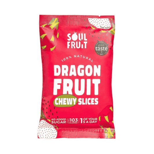 Soul Fruit Dragon Fruit Chewy Slices Dried Fruit Snack red packet on white background