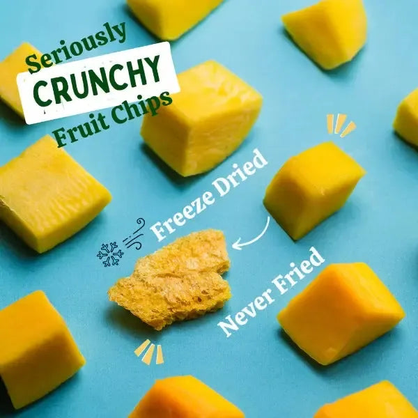Yellow mango fruit chips on a blue background with text highlighting their crunchy texture and preparation method.