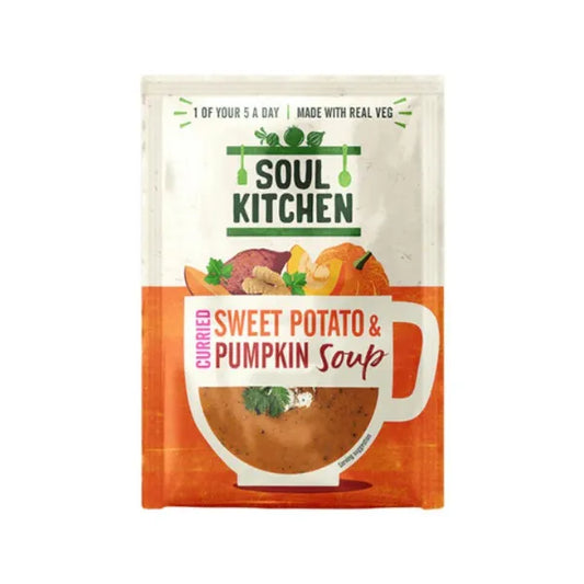 Soul Kitchen curried sweet potato & pumpkin soup package on a white background