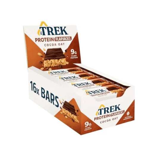 Box of Trek Protein Flapjacks Cocoa Oat flavour on a white background