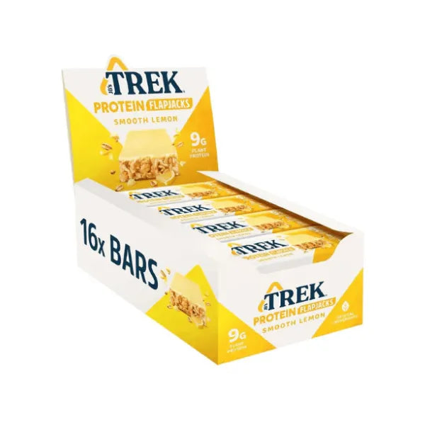 Pack of 16 Trek smooth lemon protein flapjack bars on a white background