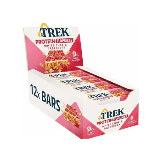 Box of Trek Protein Flapjacks with white chocolate and raspberry flavour on a white background