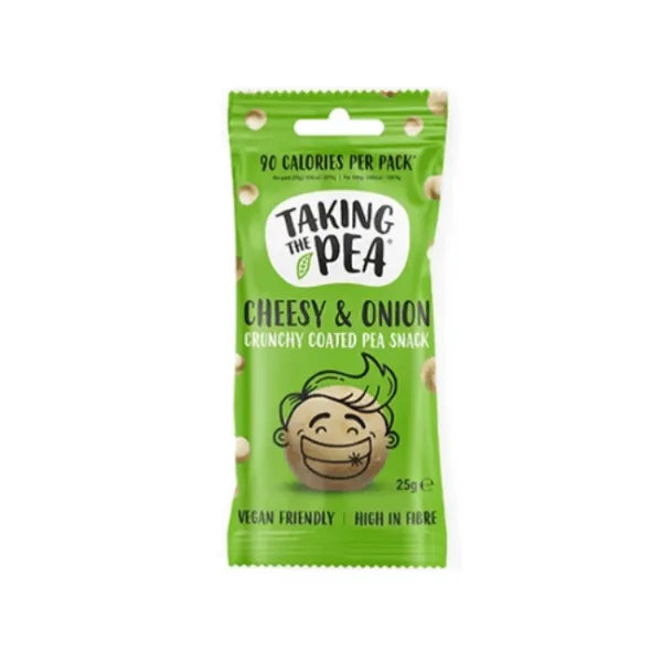 Green snack package labeled 'Taking the Pea' with text about cheesy & onion flavour on a white background.