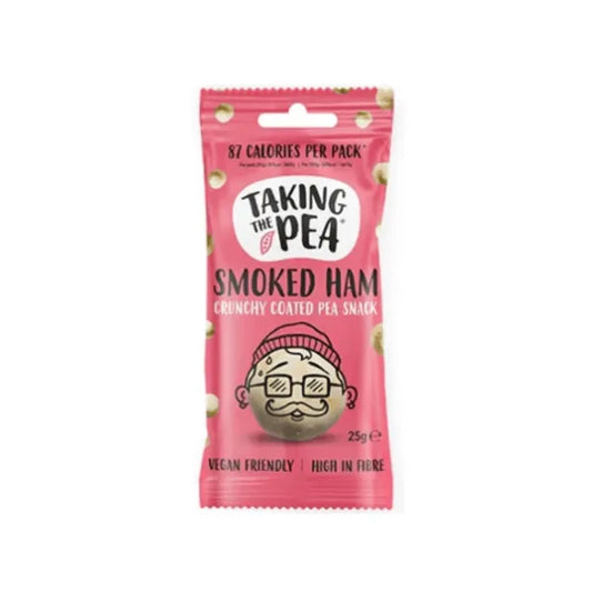 Pink snack package labeled 'Taking the Pea' with 'Smoked Ham' flavour on a white background