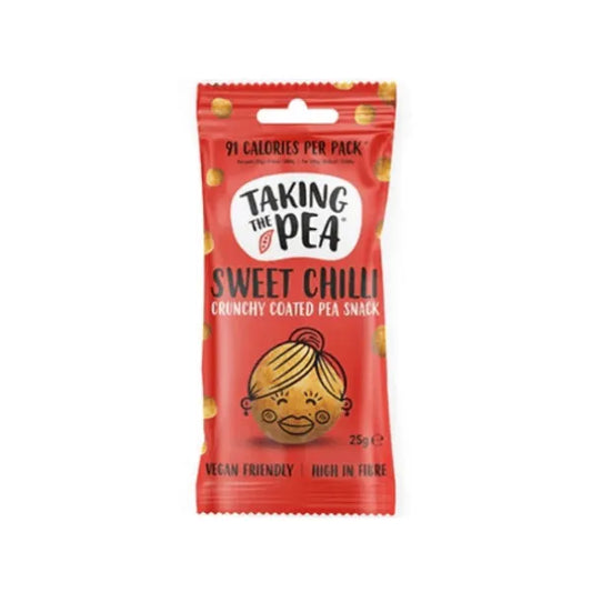 Red snack packet labeled 'Taking the Pea Sweet Chilli' on a white background
