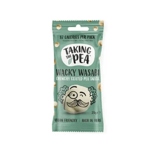 Snack package labeled 'Taking the Pea Wacky Wasabi' on a white background