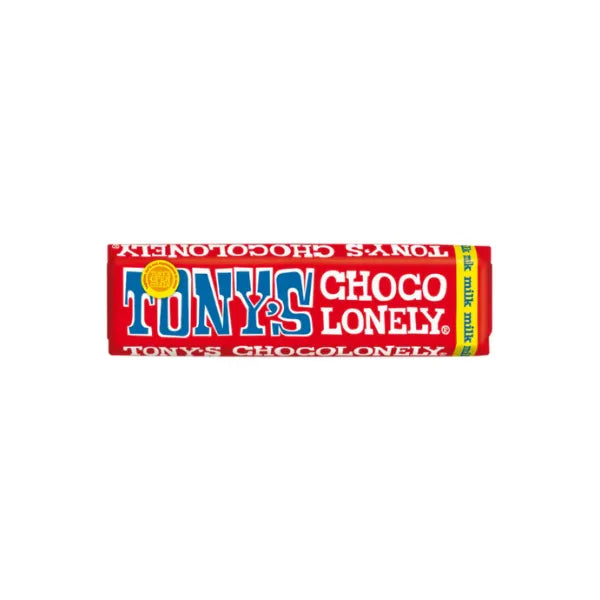 Tony's Chocolonely milk chocolate bar packaging on a white background