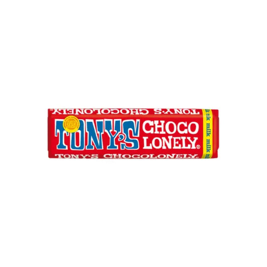 Tony's Chocolonely milk chocolate bar packaging on a white background