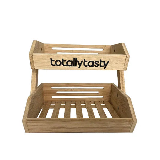 Wooden 2 Tier snack disaply unit with 'totallytasty' branding on a white surface.
