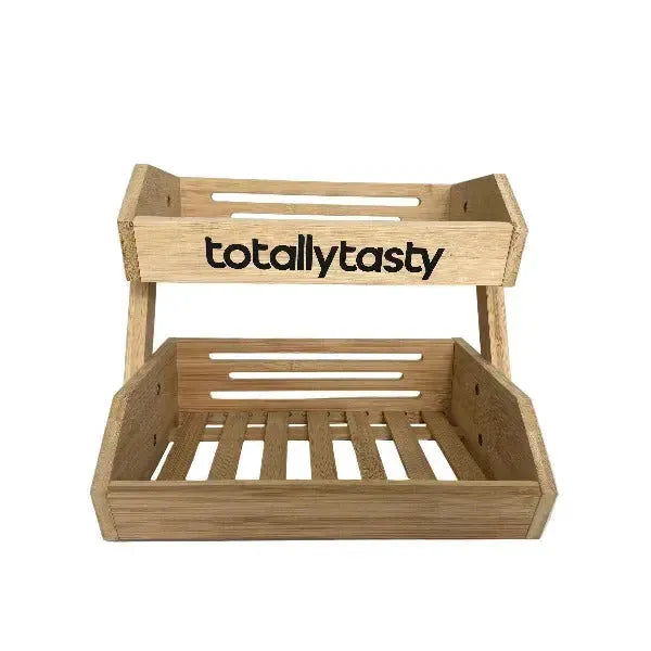 Wooden 2 Tier snack display stand with 'totallytasty' branding on a white surface.