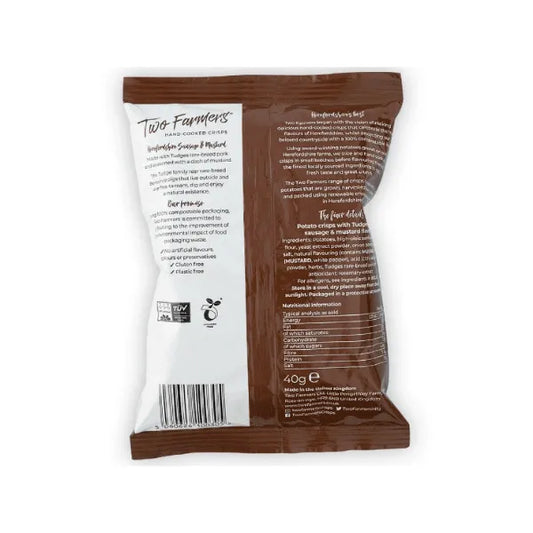 Two Farmers hand-cooked crisps Herefirdshire Sausage and Mustard flavour packaging with brown and white design