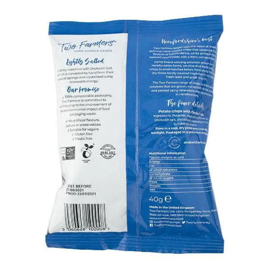 Back view of a blue and white packaging of Two Farmers potato crisps with text and logos.