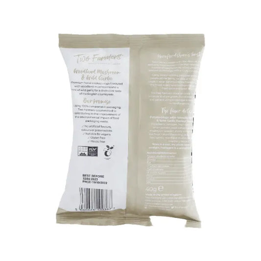 Back view of Two Farmers Woodland Mushroom and Wild Garlic Crisps and branding on a white background