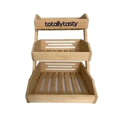 Three-tiered wooden basket with 'totallytasty' branding on a white background
