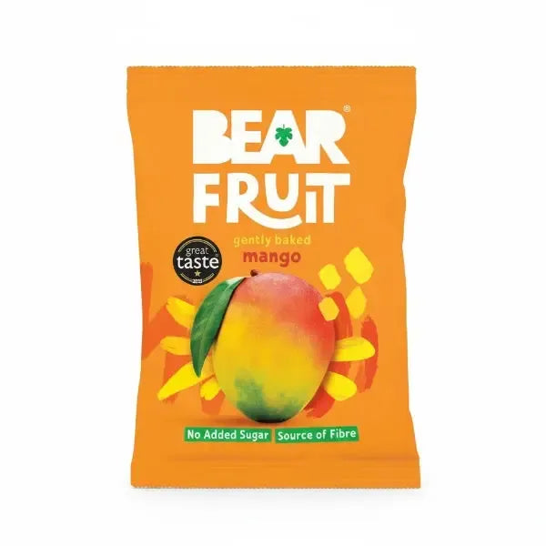 Orange package of BEAR FRUIT mango snacks with a mango illustration on a white background