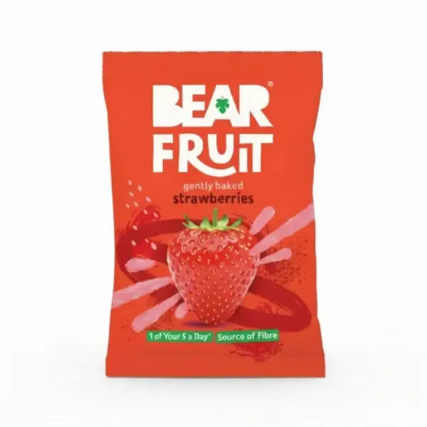 Bear Fruit Baked Strawberries. Packaging with 'Bear Fruit' branding on a white background