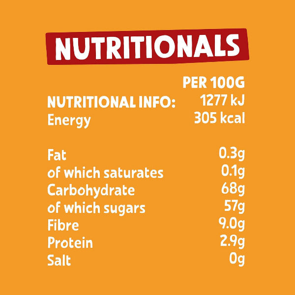 Bear Fruit Mango Nutritional information per 100g on an orange background