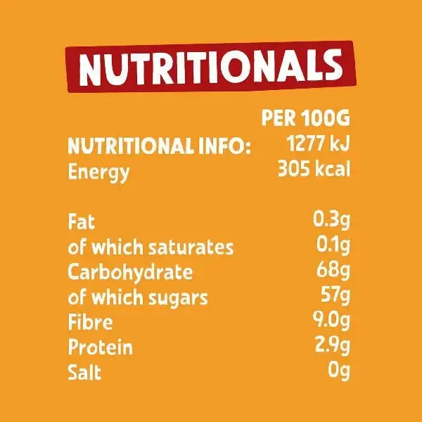 Bear Fruit Mango Nutritional information per 100g on an orange background