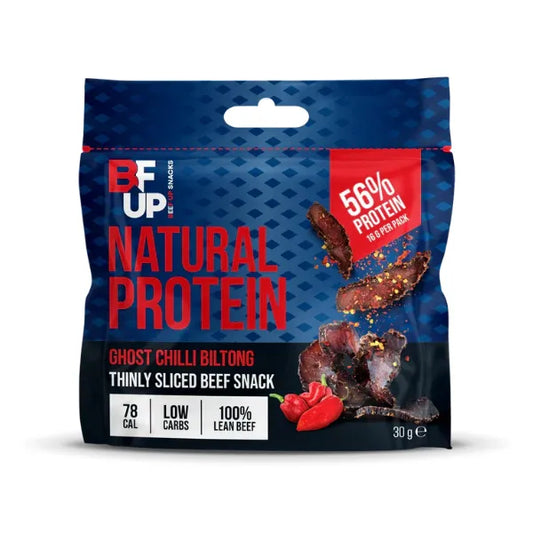 Package of BF UP Natural Protein Ghost Chilli Biltong on a white background