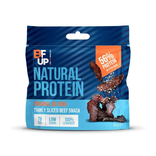 Package of Beef Up Original Biltong 30g on white background