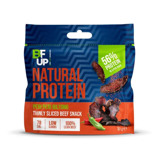 Package of BF UP Natural Protein thinly sliced beef snack with chili peppers on a white background