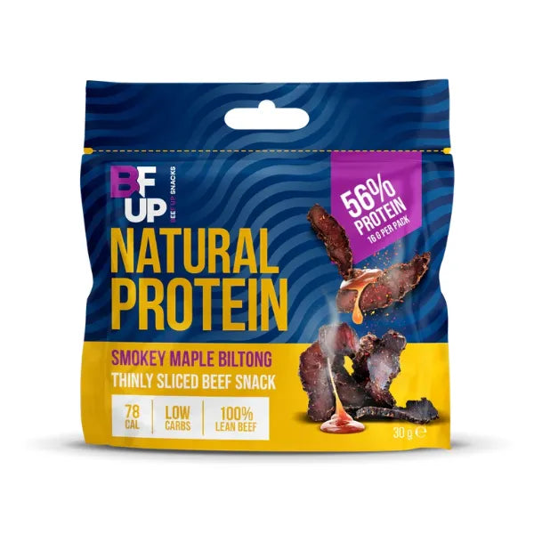 Package of BF UP Natural Protein Smokey Maple Biltong on a white background