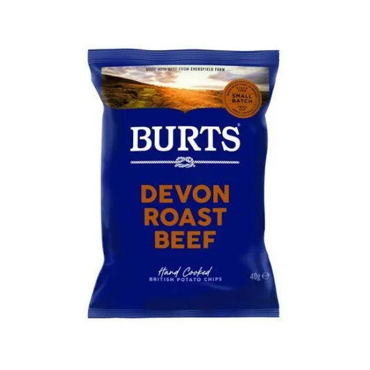 Burts Devon Roast Beef potato chip packet on a white background