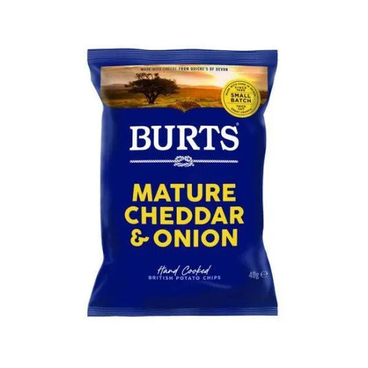 Burts Mature Cheddar & Onion potato crisps packaging on a white background