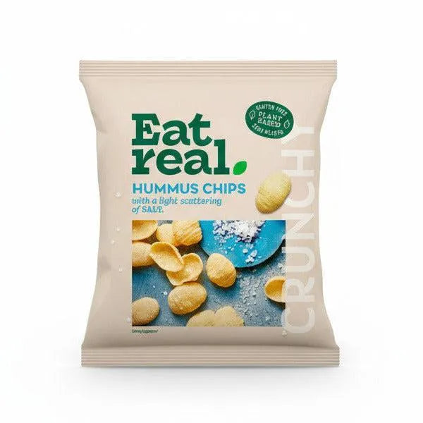 Packaging of Eat Real hummus chips with a light scattering of salt on a white background