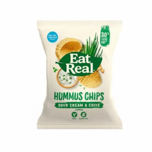 Pack of Eat Real Hummus Chips with sour cream and chive flavor on a white background