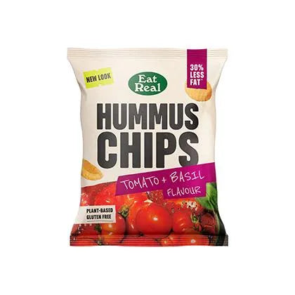 Pack of hummus chips with tomato and basil flavor on a white background