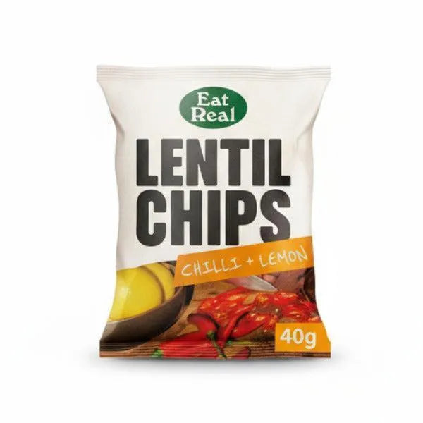 Pack of Eat Real Lentil Chips with Chilli and Lemon flavor on a white background