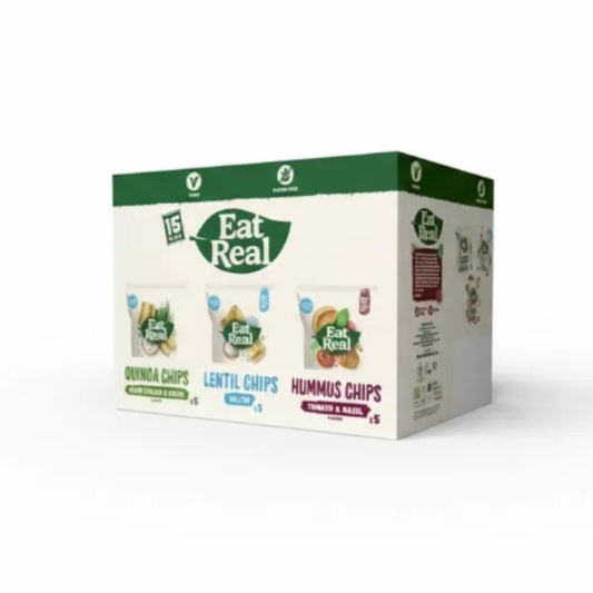 Box of Eat Real chips with various flavors on a white background