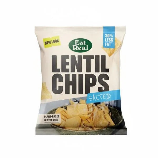 Packaged lentil chips with 'Eat Real' branding on a white background